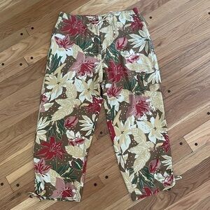 Kate Hill Silk Cargo Pants Botanical Floral Cropped Capri Ankle Women L